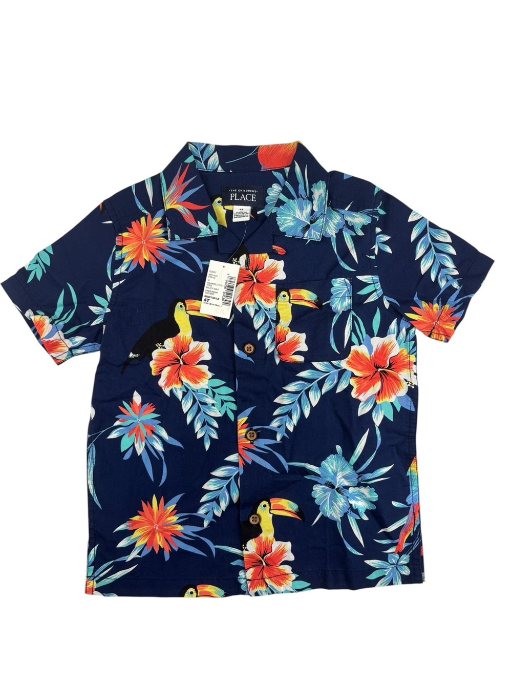 The Childrens Place Boys Tropical Floral Toucan Cotton Button Up Shirt Size 4T
